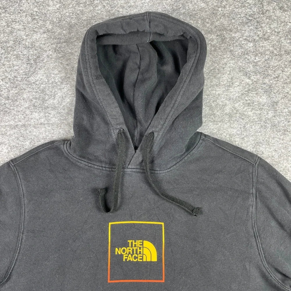 The North Face Hoodie Mens M Black Yellow Orange Box Sleeve Spellout Outdoor